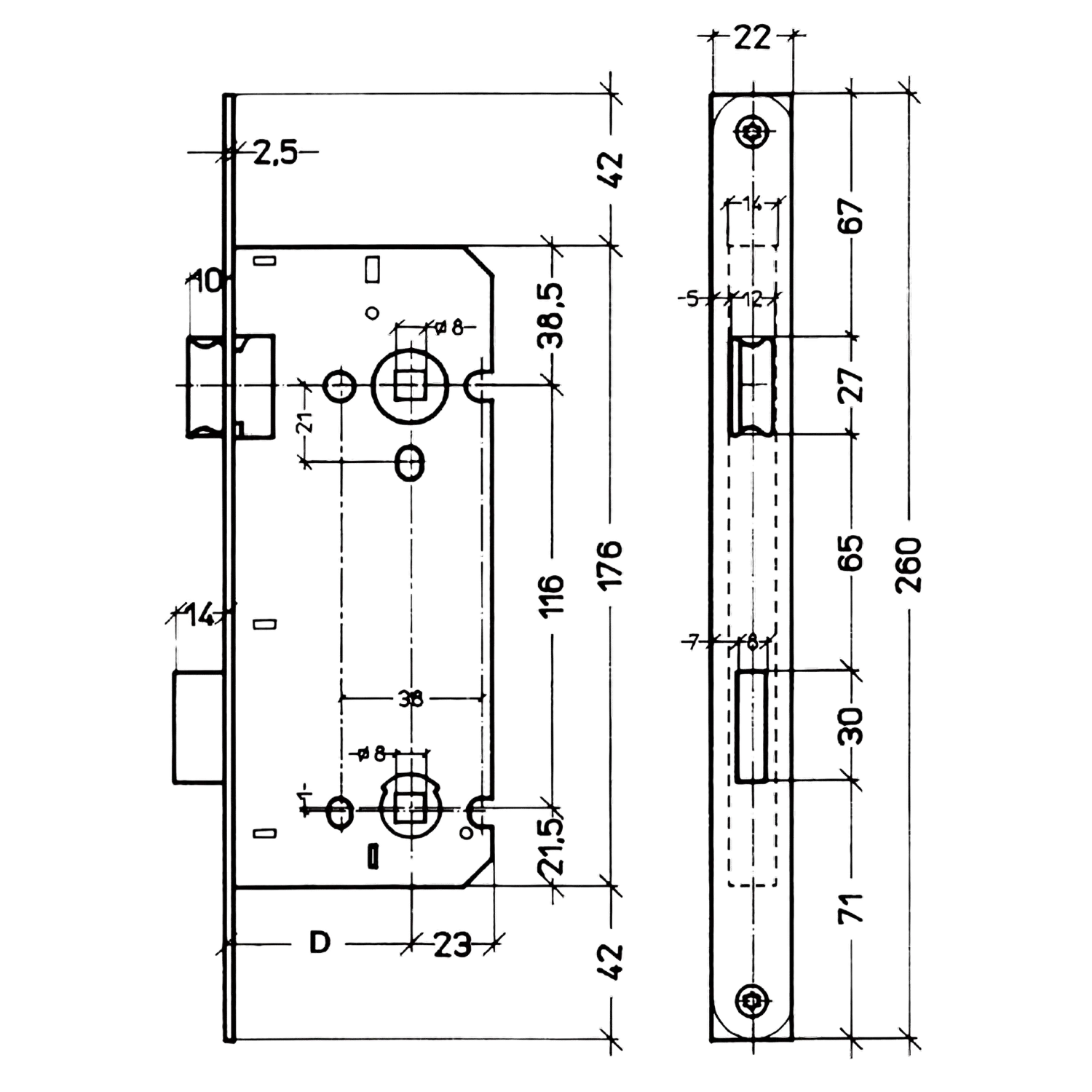 Serrure de toilette a1553 55/116 réversible Vplt. finition look inox 22 x 260 mm