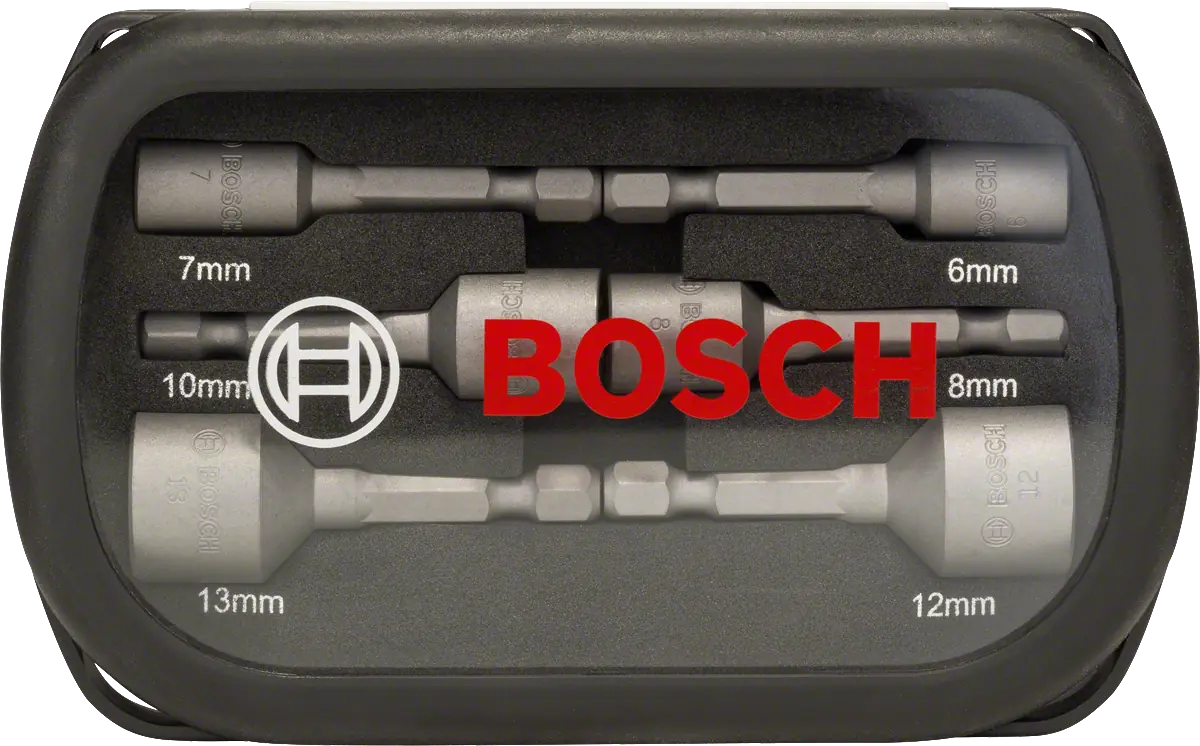 Zwart, stevig omhulsel & doorzichtige bovenkant. Bosch Dopsleutelset 1/4 SW met 6 verschillende dopsleutels. Afmetingen op de dopsleutels