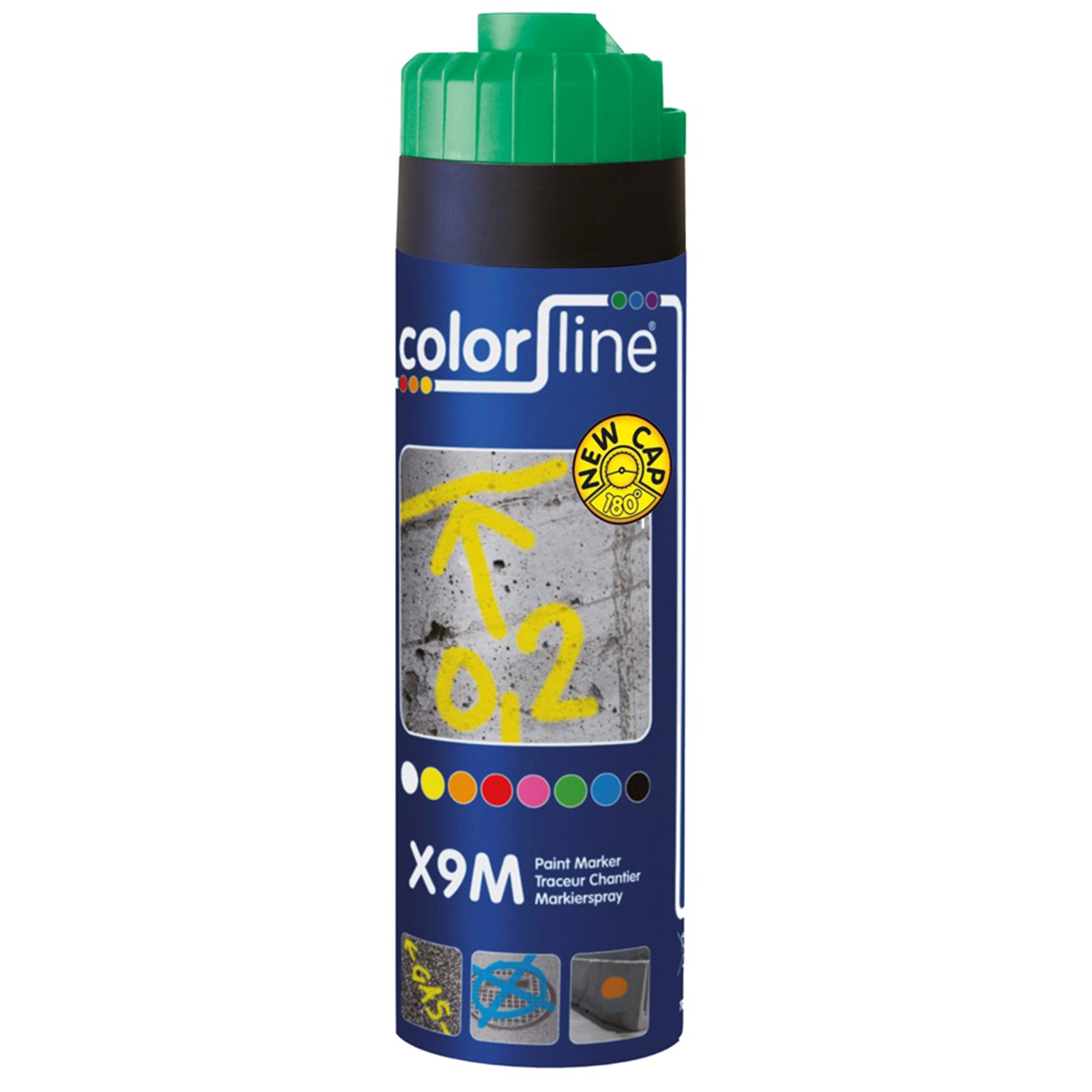 COLORLINE X9M Paint Marker - 500 Ml - Groen | Lecot.shop COLORLINE X9M Paint Marker - 500 Ml - Groen - Groene verfmarker met 500 ml inhoud en COLORLINE-logo.