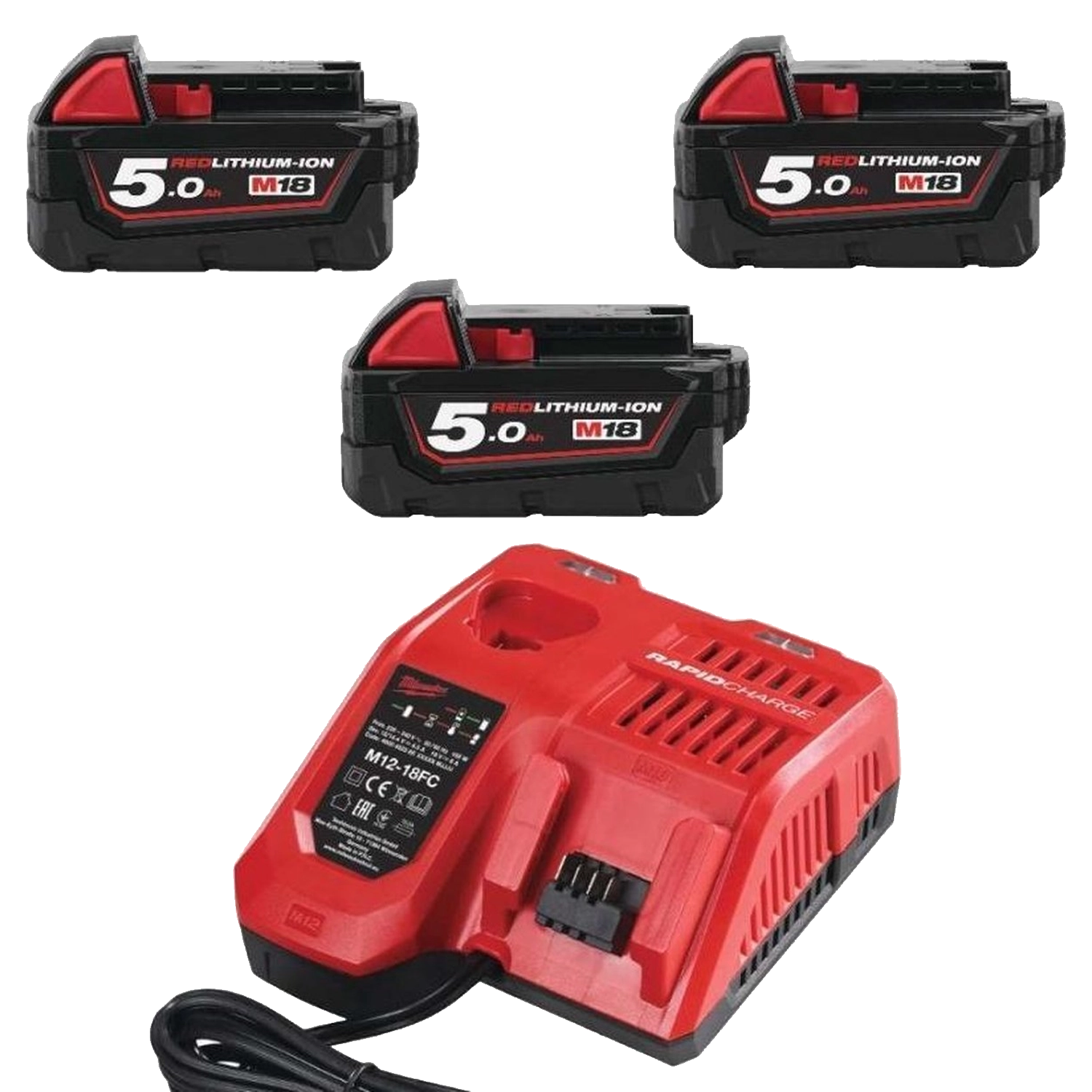 Milwaukee Set Batterijen 18V M18 NRG-503: 3X5 Ah Li-ion + Lader: Set van 3x5 Ah Li-ion batterijen en een lader voor M18 gereedschap.