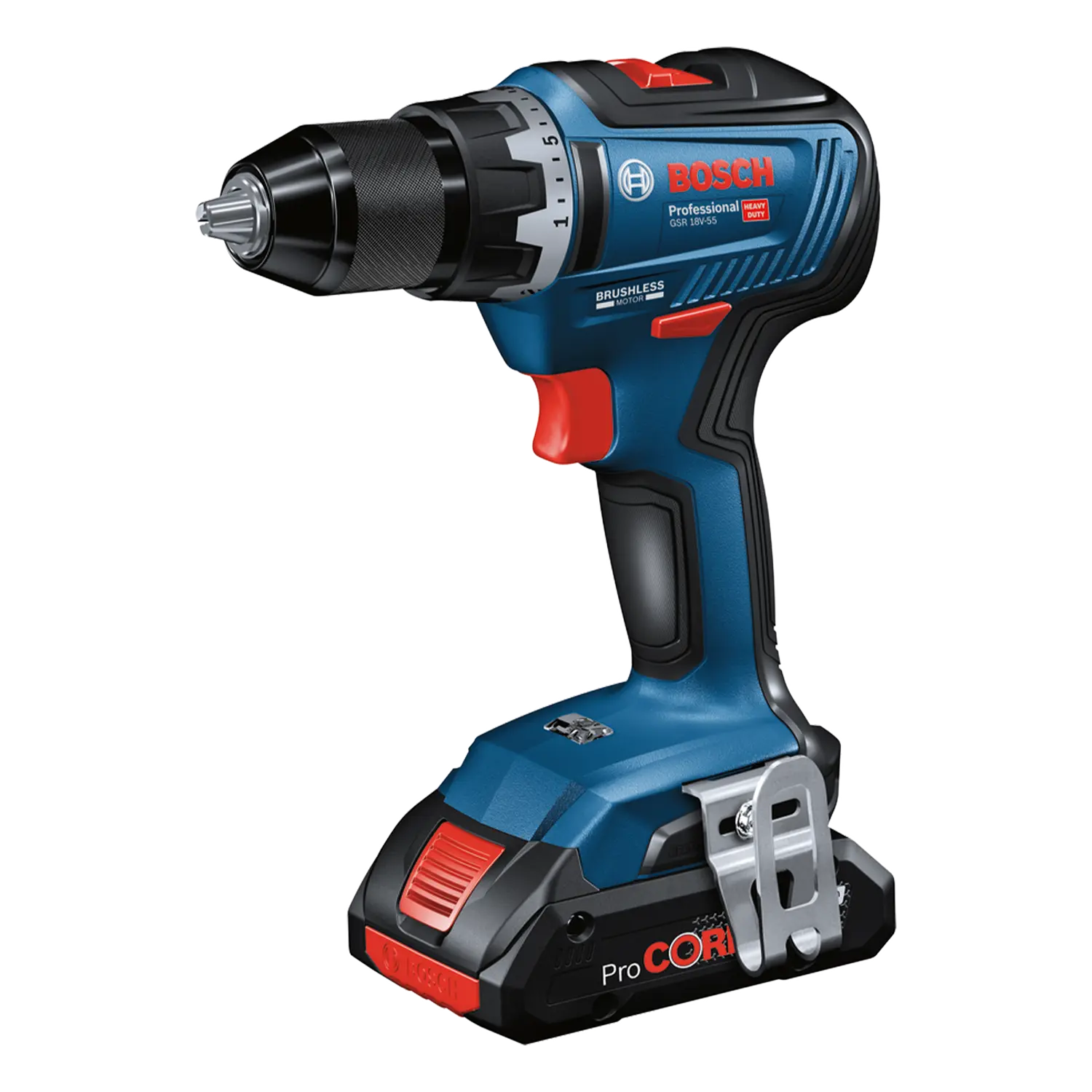 BOSCH GSR 18V-55 Schroef -en boormachine Accu | Lecot.Shop Blauwzwarte BOSCH GSR 18V-55 accu schroefboormachine. Met ingeklikte accu. Riemhaak. Draairichting knop. Knop inklikken. Verschillende standen.