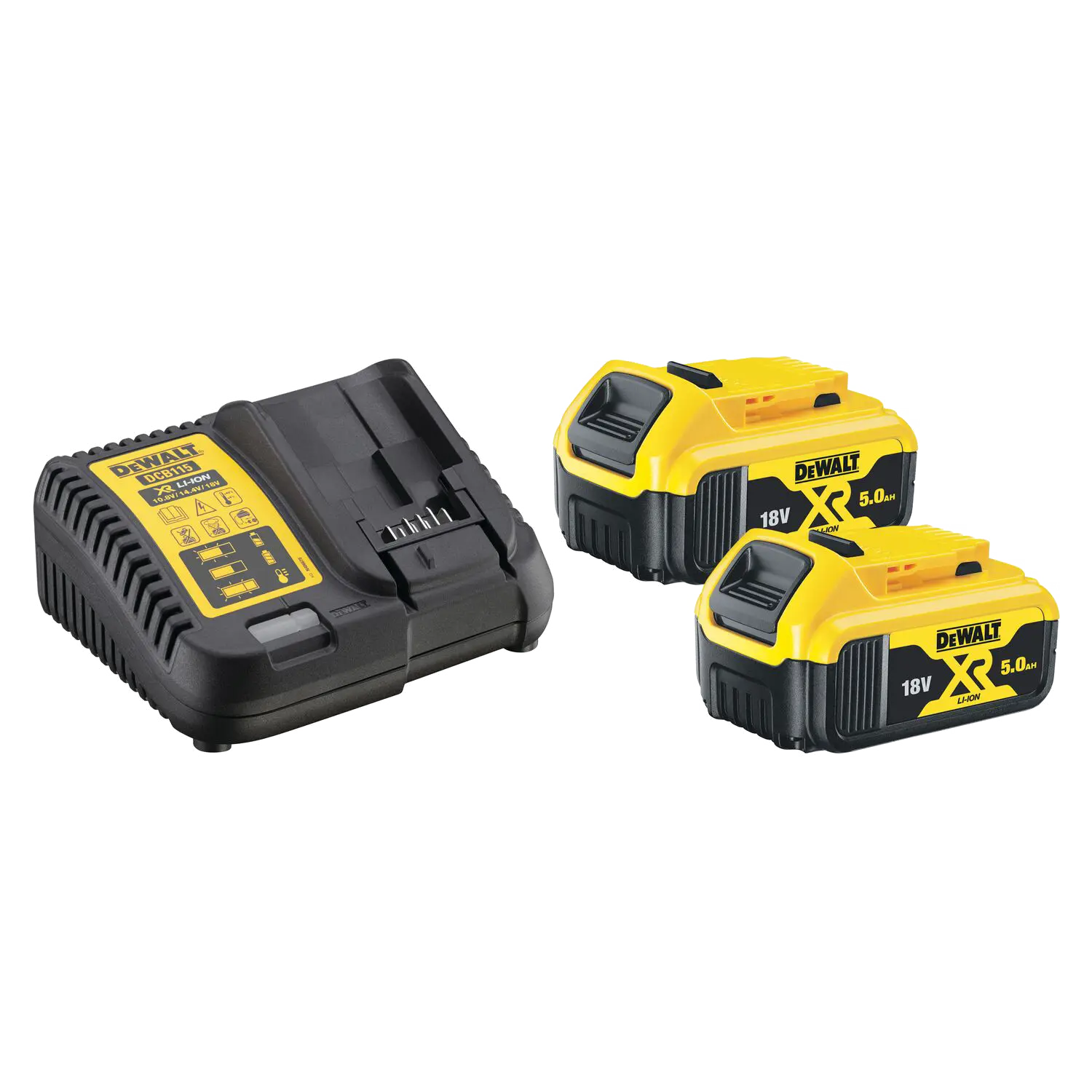DeWALT DCB115P2-QW Batterijset | Lecot.shop Geelzwarte DCB115P2-QW Batterijset Accu met 2 DCB184 5Ah Li-ion batterijen en 1 lader.