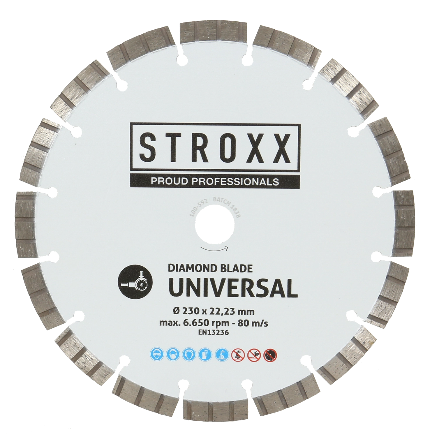 Wit STROXX diamantzaagblad voor beton en tegels. 16 tanden. Met inkepingen. Bevat afmetingen en gebruiksaanwijzingen.