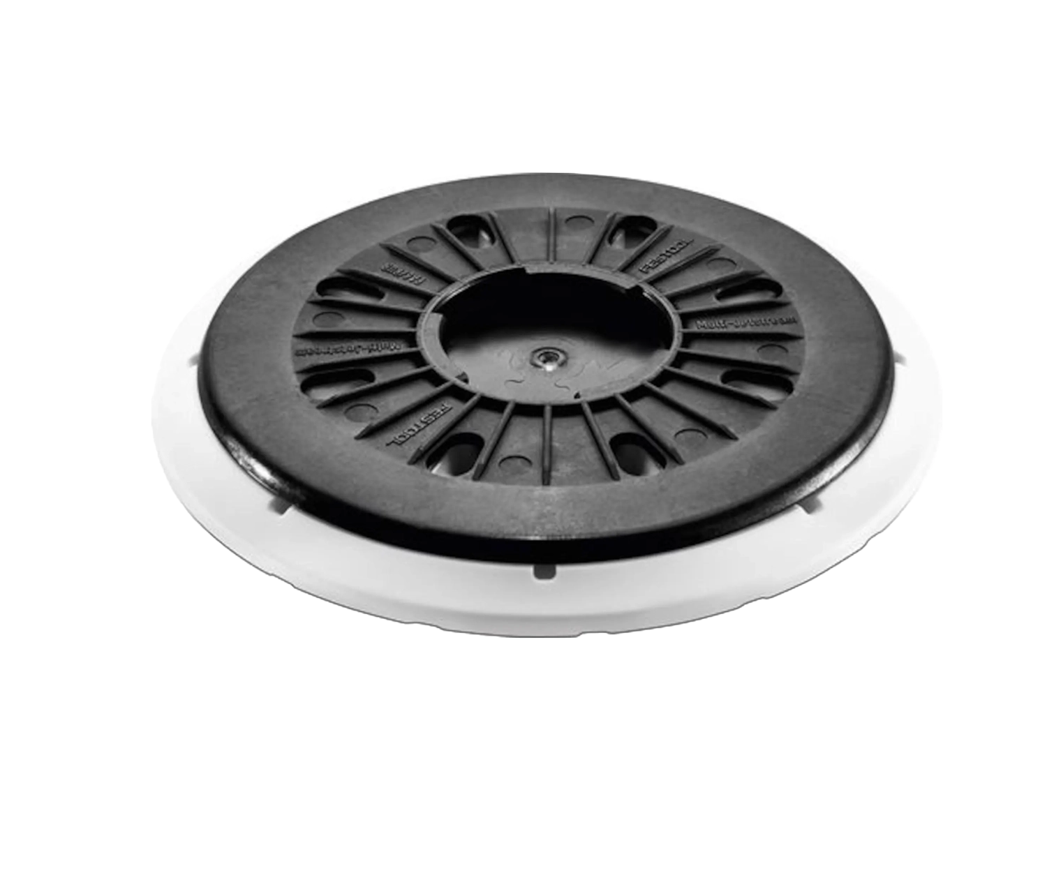 Ronde schuurschijf van Festool met zwarte geribbelde plaat en schroefgat in het midden,  er zitten gaten in een cirkel rond het middelpunt.