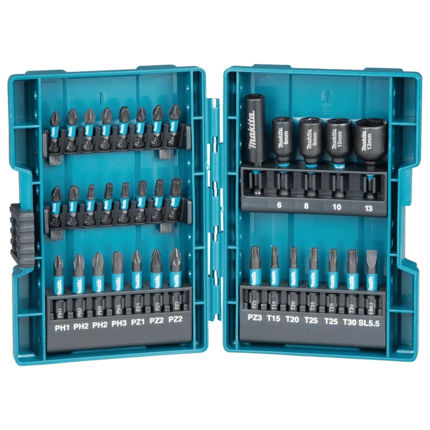 Blauwe bits 34-delige MAKITA bitset. Schroefbitsen, doppen, schroefboren. Zwart sluitingmechanisme.