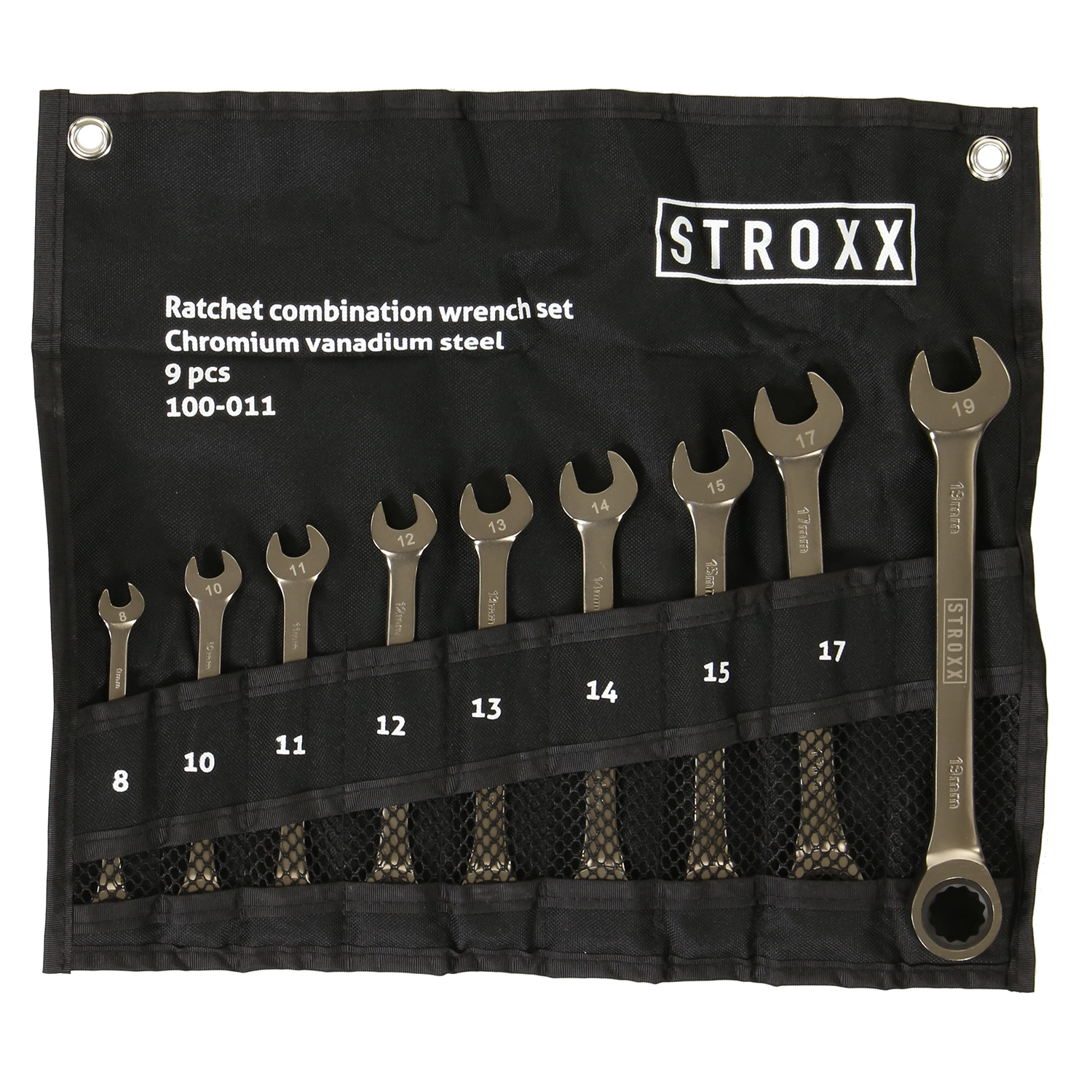 STROXX Ringsteeksleutelset, Ratel, In Roltas, 8-19 mm, 9 Delig - Set van 9 ringsteeksleutels met ratel (8-19 mm) in een roltas.